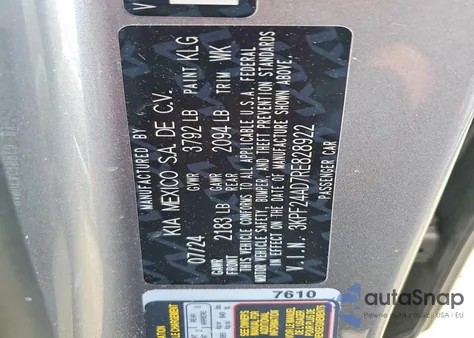 2024 Kia Forte Lx из США, поврежденный, VIN 3KPF24AD7RE828922